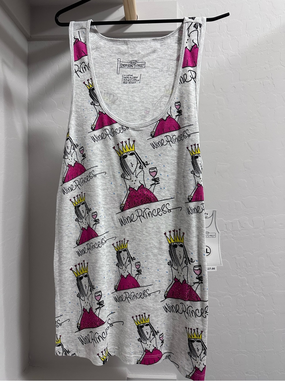 Emerson Street Wine Princess Graphic Tank Top XL - Pink & Yellow on Heather Gray